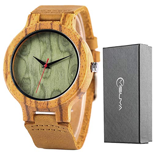 Creative Wood Watch Mens Analog Minimalist Genuine Leather Band Strap Bamboo Nature Wood Wrist Watch (Green)