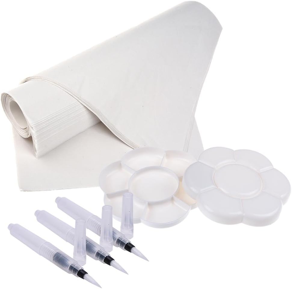 UBOOMS 60 Sheets Chinese Calligraphy Brush Ink Writing Paper Rice Paper and 3 Pcs Water Brush Pen and 2 Pcs Plastic Flower Shaped Paint Tray