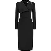 Hobemty Women's Elegant Pencil Dress Lapel V Neck Long Sleeve 2025 Trendy Work Knee Length Dresses