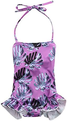 Fartido Infrant Baby Girl Ruffled Leaf Print Swimwear Purple Romper Swimsuit