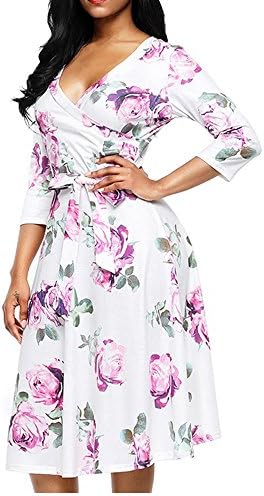 Dressit Women's Deep V Neck Empire Waist 3/4 Sleeve Floral Print Midi Dress