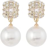 DIAMANTIO 18K Gold Plated Elegant Pearl Drop Earrings with CZ – Crystal Cube Stud with Imitation Pearl Dangle for Formal Occasions, Weddings & Parties