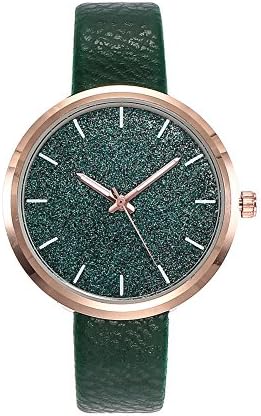 Vansvar Fashion Casual Women Brief Dial Watches Green Leather Strap Waterproof WristWatch for Lady