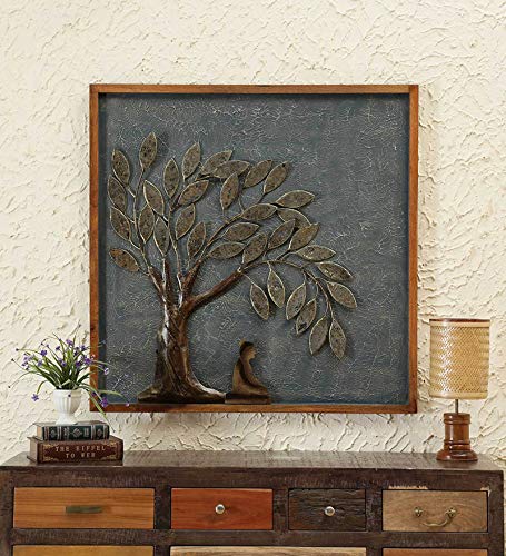 vedas Exports Multicolour Iron MDF Frame Peace Buddha Tree with LED Wall Decorative Hanging & Mounted Art Sculpture Home Decor (Size 38 x 38 inches)