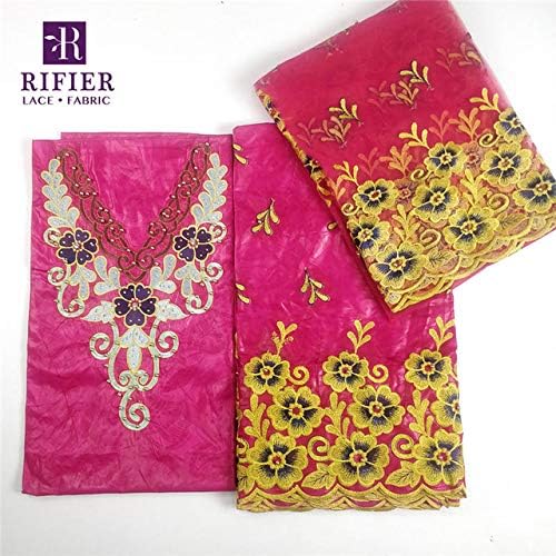 Laliva Flower Embroidered Beaded Bazin Riche Lace Fabric with 2 Yards Net Blouse Rhinestones Style African Basin Women Guipure Material - (Color