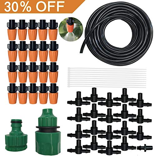 Outdoor Misting Cooling System Kit, Drip Irrigation Watering Kits, Great for Summer Mister Cooling and Plants Watering, 49FT (15M) Misting Line + 20PCS Adjustable Misting Nozzles + 1PC Quick Adapter