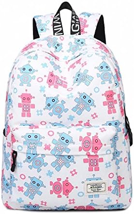 Cartoon Robot Backpacks Female Printing Casual Student Teens Book Bags White 14 Inches