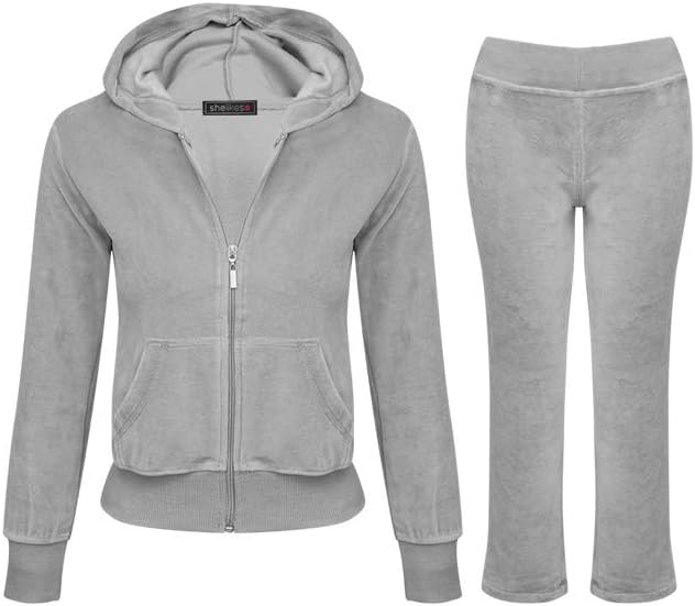 shelikes Girls Kids Velour Velvet Zip Hoodie Pants Tracksuit Sport Sweat Suit Set