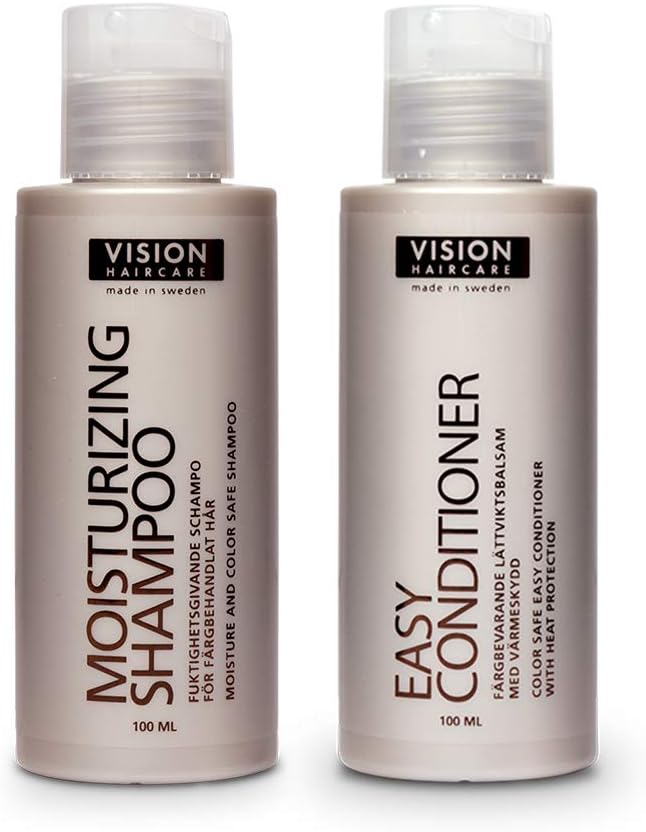 VISION HAIRCARE Moisturising | Travel Shampoo and Conditioner Set | Revitalizes Dry and Damaged Hair | Contains Shea Butter and Keratin | With Heat Protection (100ml)