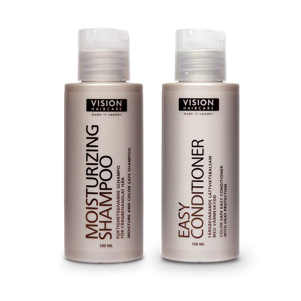 VISION HAIRCARE Moisturising | Travel Shampoo and Conditioner Set | Revitalizes Dry and Damaged Hair | Contains Shea Butter and Keratin | With Heat Protection (100ml)