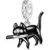 GNOCE Black Cat Pendant Dangle Charm, S925 Sterling Silver Dangle Charms for Women Wife, Valentine‘s Day, Mother’s Day Jewelry Gift