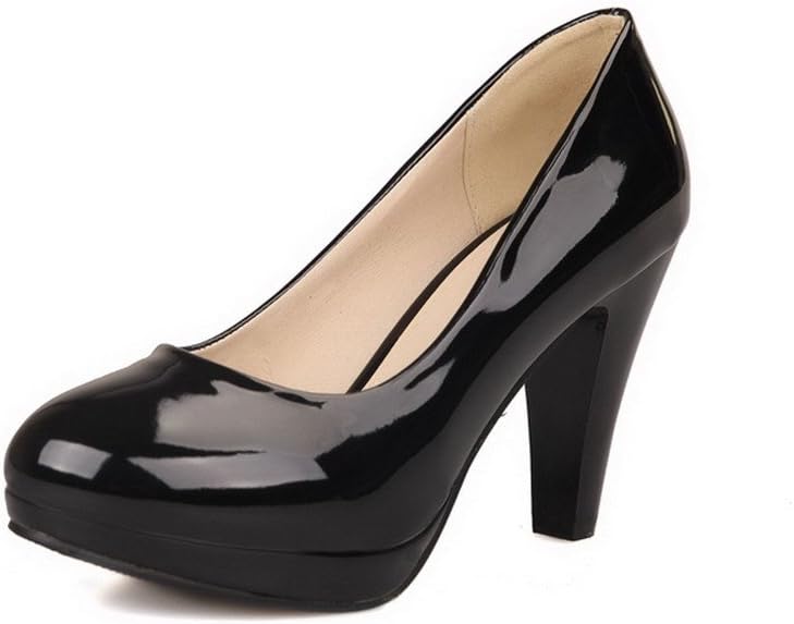 AmoonyFashion Girls Closed Round Toe High Heel Platform Patent Leather PU Solid Pumps, Black, 33