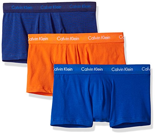 Calvin Klein Men's Cotton Stretch 3 Pack Low Rise Trunks, Ribbon/Muscari Blue Stripe/Deep Sunset, X-Large