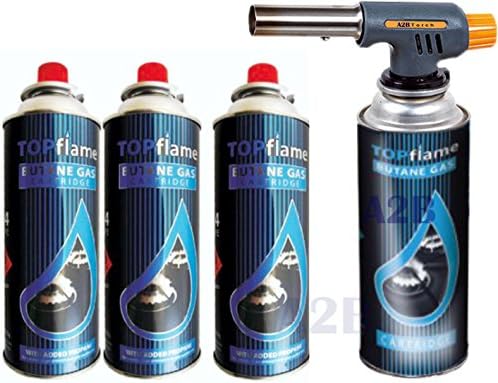 Blow Torch + Butane Gas Cans Flamethrower One Touch Auto Ignition Soldering BBQ (Blow Torch + 4 Cans)