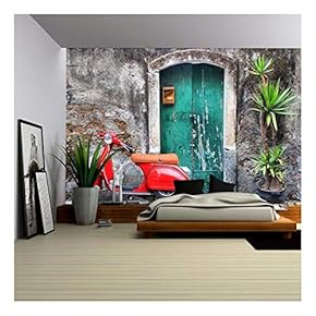 Photo of Red Scooter Near Green Door and Palm - Removable Wall Mural | Self-Adhesive Large Wallpaper - 66x96 inches