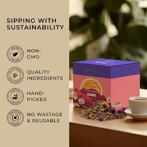 GYA TEA CO PURE CHAMOMILE LAVENDER HERBAL LOOSE LEAF TEA – NATURAL DECAF FLOWER TEA WITH 0 CALORIES FOR CALMING & RELAXING – 5.29 OZ – 70 CUPS