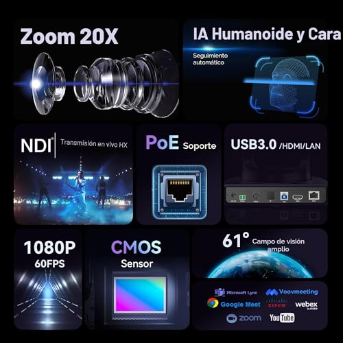 Tenveo PTZ NDI Camera 20x Optical Zoom with AI Auto Tracking, HDMI/LAN/USB3.0 PoE, FHD 1080P 60FPS for Church/Live Streaming/Video Conferencing