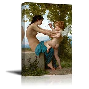 A Young Girl Defending Herself Against Eros by William Adolphe Bouguereau Giclee Canvas Prints Wrapped Gallery Wall Art | Stretched and Framed Ready to Hang - 16" x 24"