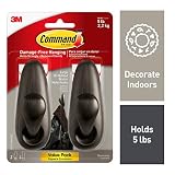 Command Forever Classic Metal Hook, Indoor Use, Bronze, 2 hooks, 4 strips, Large, Holds 5 lbs (FC13-ORB-2ES)