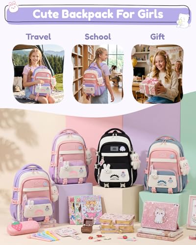 Tanou Girls' School Backpacks, 20 Litres Backpack for Girls from 8 to 12 Years | Lightweight and Waterproof Nylon Kawaii School Backpack with Pendant, Purple