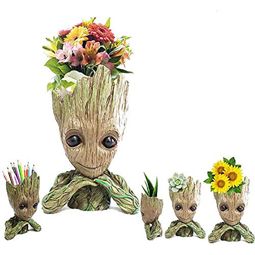 WISE MODEL Baby Groot Planter Treeman Action Figures Guardians of The Galaxy Flower Pot,Creative Star-Lord Pen Holder Desk Organizer Accessories,Best Cute Pencil Pot Gift. (Hands On Chin)