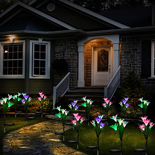 Outdoor Solar Garden Lights [3 Pack] - WdtPro Upgraded Waterproof Solar Powered Lights with 12 Lily Flower, 7 Colors Changing Solar Decorative Lights for Garden, Patio (Purple, White & Pink) - Thumbnail 5