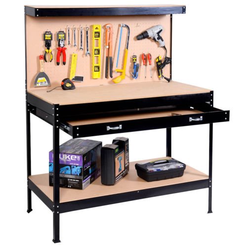 Work Bench Tool Storage Steel Frame Tool Workshop Table W Drawers and Peg Boar