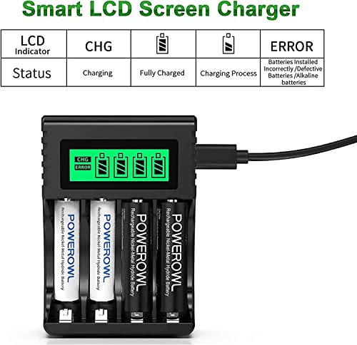 POWEROWL Quick Charger Rechargeable Batteries, LCD Charger for Ni-MH Rechargeable AA/AAA Batteries, Independent Slot & USB Quick Charge