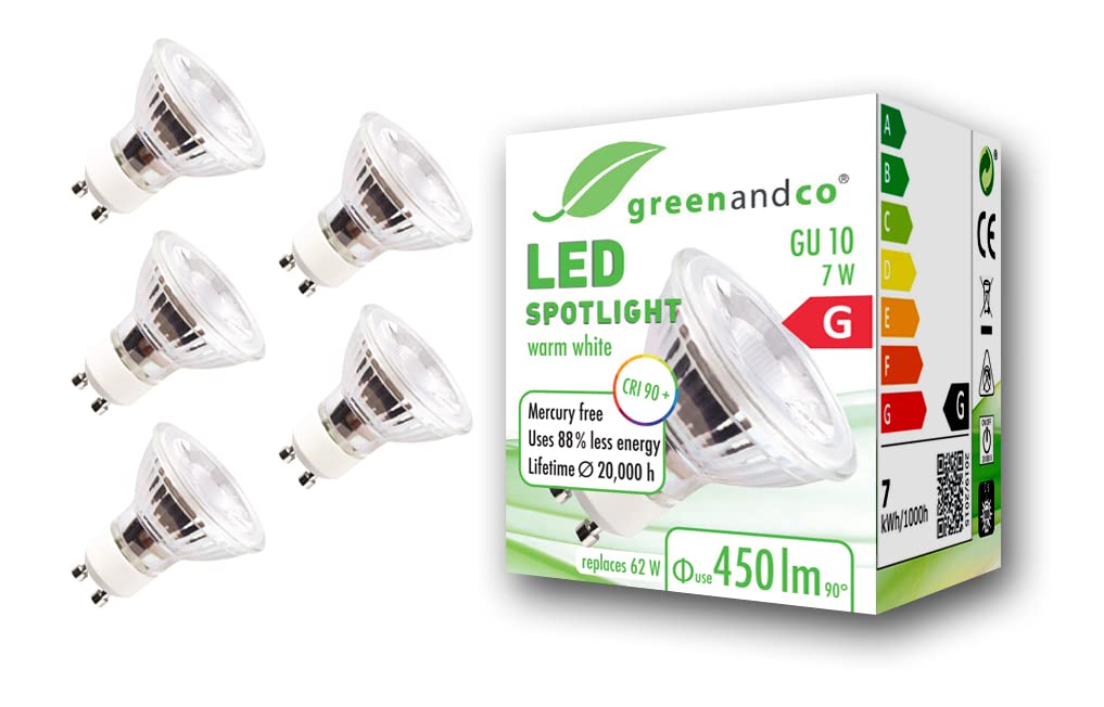 greenandco® CRI 90+ 3000K 36° LED spot Replaces 62 Watt GU10 Halogen Spotlight, 7W 450 Lumen Warm White 230V, no Flicker, not dimmable, 5-Pack — image 1