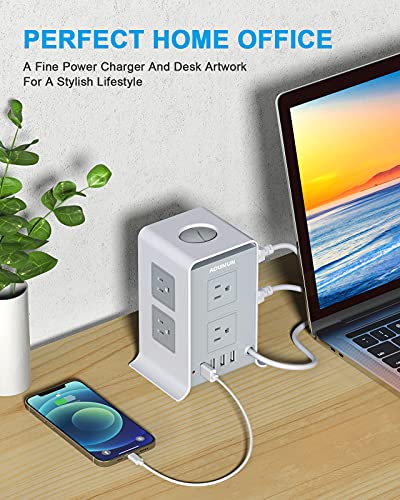 Surge Protector Power Strip Tower, 10FT/3M Extension Cord, Power Strip Surge Protector with 8 AC Outlets & 4 USB Ports, 1600W Overload Protection, Short Circuit Protection. (Grey Version)