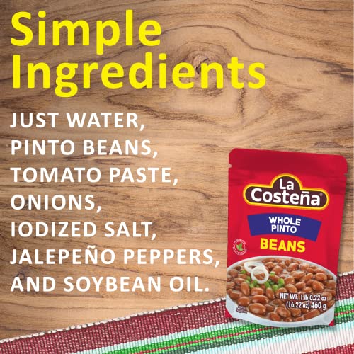 LA COSTEÑA WHOLE PINTO BEANS – 60 SECOND MICROWAVE READY TO EAT MEALS – MEXICAN FOOD, VEGETARIAN CHILI INGREDIENTS, BEAN DIP, BEAN BURGER, BURRITO & VEGAN PROTEIN SALAD – 16.22OZ, 8 PACK POUCHES