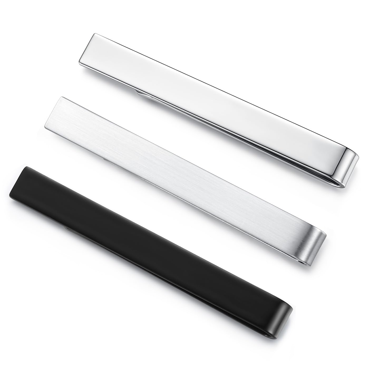 HONEY BEAR 3pcs Set Mens Tie clips Set Tie Bar for Normal Size Tie - 2.12inch for Business Wedding Gift,5.4cm(Glossy+Brushed Silver+Black with box)