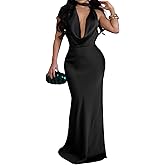 Memoriesea Women's Deep Cut Cowl Neck Sleeveless Open Back Formal Party Maxi Dress