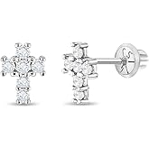 14k White Gold Tiny Clear Cubic Zirconia Religious Cross Screw Back Earrings for Girls, Small Stud Earrings for Toddlers - Little Cross Earrings for Children, Elegant Studs for Kids