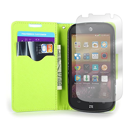 ZTE Compel Z830 Case, Flip Stand Wallet [CoverON CarryAll Pouch] Tough Exterior Design [Features Credit Card ID Slots and Wrist Strap] Phone Cover Case for ZTE Compel Z830 - Light Blue / Neon Green