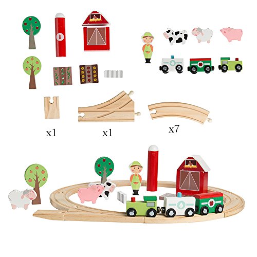 Wondertoys Wooden Train Set with Animal Accessories & Magnetic Carriages for Kids 24 Pieces