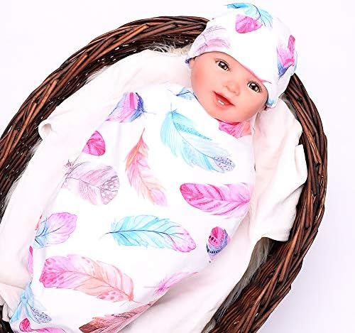 Lybauri Baby Receiving Blanket Elephant Pineapple Newborn Baby Sleep Swaddle Blanket & Hat Set (Feather)