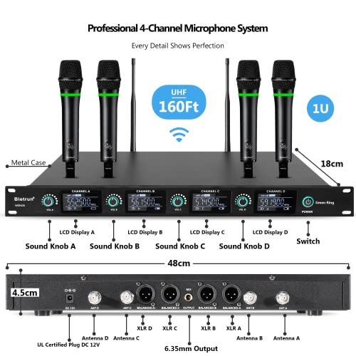 Bietrun Pro 4 Channel Wireless Microphone System Rechargeable (Work 7