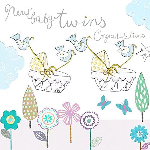Hand Finished Greeting Card (HG6836) - New Baby Twins - Congratulations - Birds Carrying Two Bassinets In Their Beaks