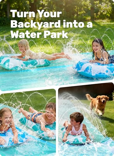 JOYIN 32.5ft/999cm Water Slide with 2 Inflatable Boards, Extra Long Heavy Duty Double Slide with Sprinkler, Summer Toy for Kids and Adults, Blue, Light Blue
