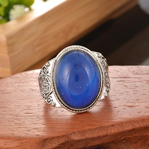 MJartoria Oval Antique Silver Color Pattern Engraved Retro Style Color Changing Mood Emotion Feeling Ring