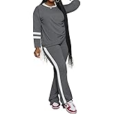 PINSV 2 Piece Sets for Women Fall Casual Outfits Long Sleeve Top and Flare Pants Lounge Sets Track suit