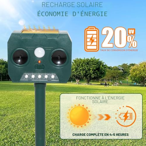 RAYGARD 2 x Outdoor Cat Repellent, Ultrasonic Solar Repellent for Dogs, Waterproof IP45, 12 m, 120 °, Garden Pet Scarer with LED Light for Cats, Dogs, Foxes, Martens