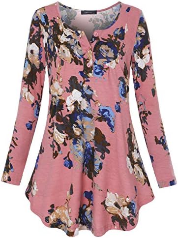Women's Casual Floral Long Sleeve Henley V Neck Flare Pleated Tunic Blouse Shirt