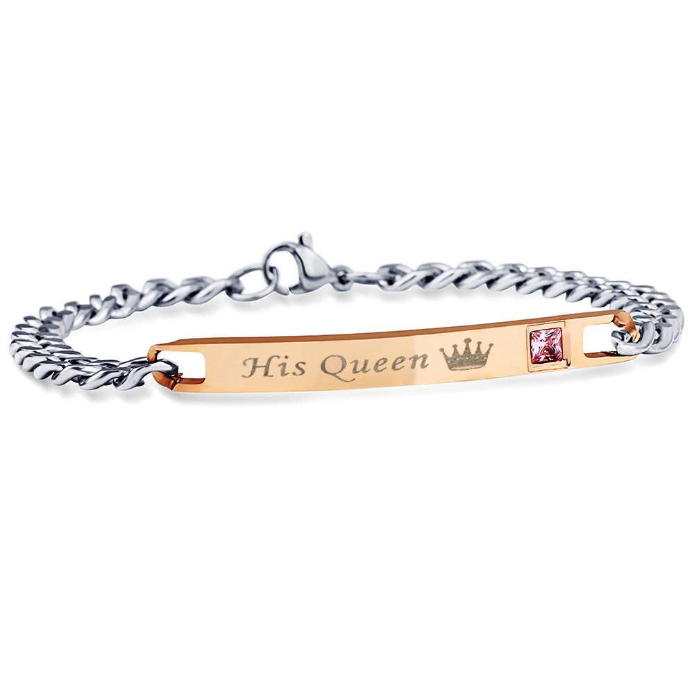 Uloveido Rose Gold Plated Titanium His Queen Personal Crown Bracelet - Women's Personalised Stainless Steel Cuban Link Chain with Synthetic Diamonds SN116-Women