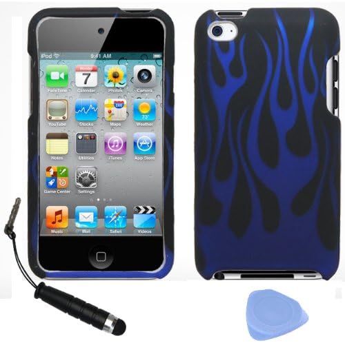 (4pcs Combo: Phone Case + LCD Screen Protector Film + Stylus Pen + Case Opener) Black Blue Flame Design Rubberized Snap On Hard Cover Protector Faceplate Skin Case for Apple Ipod Touch 4 4g 4th Generation