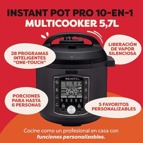 Pro Multicocina Eléctrica 10 en 1, 1200 W, 5,7 L – Olla a Presión, Cocción Lenta, Arrocera, Vaporera, Salteado, Esterilizador, Yogurtera, Sous Vide – Acero Inoxidable Negro