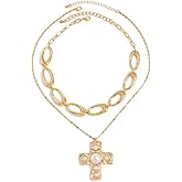 Todu Chunky Gold Necklace Golden Cross Pearl Statement Stacked Necklace Irregular Geometric Square Pendant Punk Hip Hop Jewelry