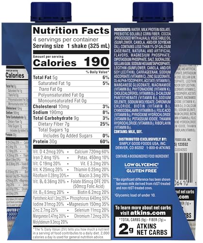 ATKINS, PLUS PROTEIN & FIBER HIGH PROTEIN SHAKE, CREAMY MILK CHOCOLATE, 4 – 11 OUNCE BOTTLES( 44 FL OUNCES )