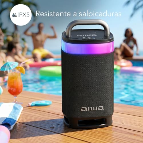 Aiwa Bocina Portátil Bluetooth TWS, Potencia 600W PMPO (60W RMS), Party 360°, Sonido Envolvente, Resistencia al Agua IPX5, Luz LED Multicolor, Batería Recargable y Función de Carga, AWS68BT
